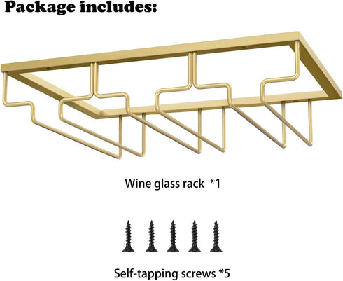 Wine Glass Rack, Under Cabinet Stemware Holder, Metal Organizer for Kitchen Bar (Gold, 3 Rows 1 Pack)