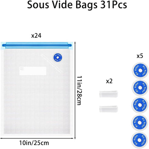 Sous Vide Bags 31Pcs, Reusable BPA Free Vacuum Sealer Bags (11 * 10 in) Vacuum Food Storage Bags for Cooking/Food Storage/Microwave Heating - 24Pcs Vacuum Zipper Bags & 2 Seal Clips & 5 Air Valves by Higfra