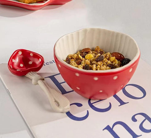 Mushroom Small Soup Bowl, Safety Matt Ceramics 4.3'' Rice Bowls, Cute Mushroom Spoon for Noodles & Salad