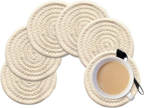 Gracelife 6pcs Round Drink Cup Mats, Pure Cotton Thread Weave, Absorbent Scald-proof Coasters, Beige