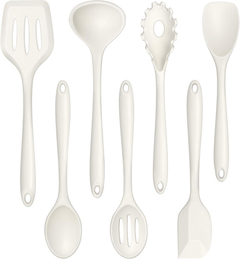 TeamFar 7-Piece Silicone Cooking Utensils Set, Heat Proof Kitchen Tools for Nonstick Cookware, White