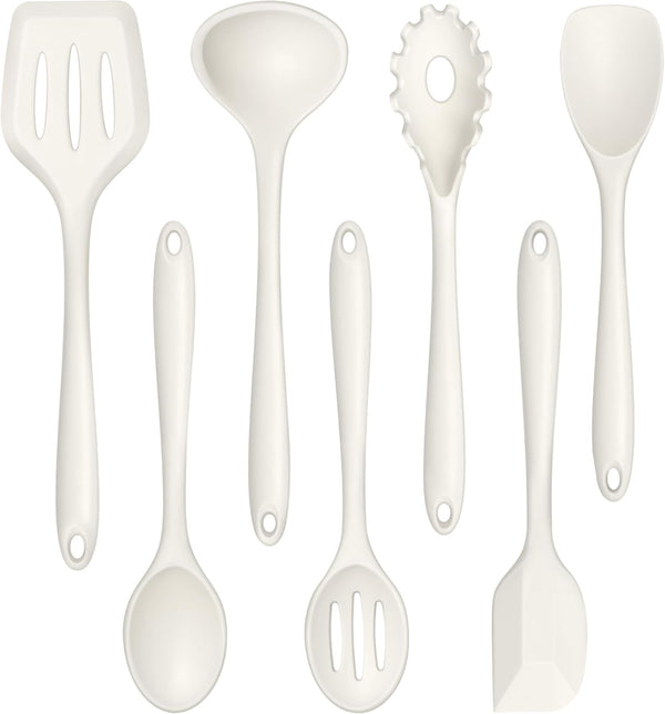 TeamFar 7-Piece Silicone Cooking Utensils Set, Heat Proof Kitchen Tools for Nonstick Cookware, White