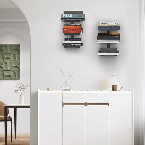 6 2 Pack Floating Invisible Bookshelves for Wall, Tier Heavy Duty Metal, Black Vertical Spine Book Tower, Wall Mounted