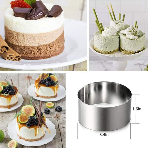 Round Cake Rings Set of 8, Stainless Steel Mousse and Pastry Mini Baking Mold with Food Presses