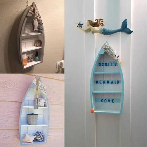 3 Beach Theme Display with Shelves, White Nautical Standing Shelf Decor, Miniature Boat Model, Decorative Boat