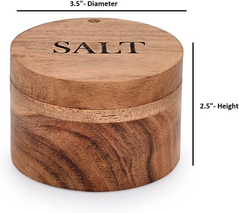 Acacia Wood Round Condiment Pot with Magnetic Swivel Lids, "Salt" Engraved for Kitchen Countertop, 3.5” x 3.5” x 2.5”