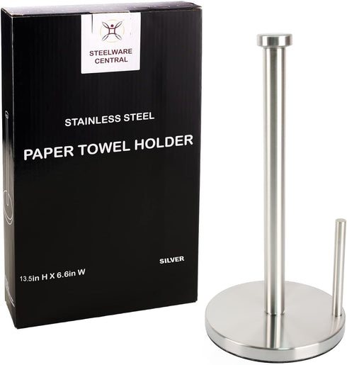 Paper Towel Holder with Side Rod, Stainless Steel, Easy Tear Dispenser for Home Kitchen Countertop Tabletop (Silver) by Steelware Central