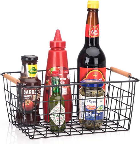 LeleCAT Set of 4 Wire Baskets with Wooden Handles, Wire Storage Organizer Baskets for Household Refrigerator, Cabinets,