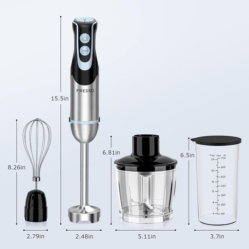 FRESKO Immersion Blender, 4-in-1 Stainless Steel Hand Stick Blender with 12-Speeds & Turbo Mode for Smoothies & Soup