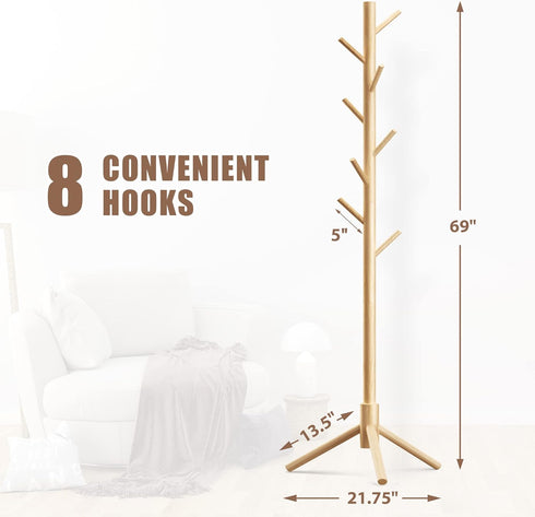 Haddockway Wooden Coat Rack Stand with 8 Hooks, New Zealand Pine Adjustable Coat Tree for Entryway, Hallway