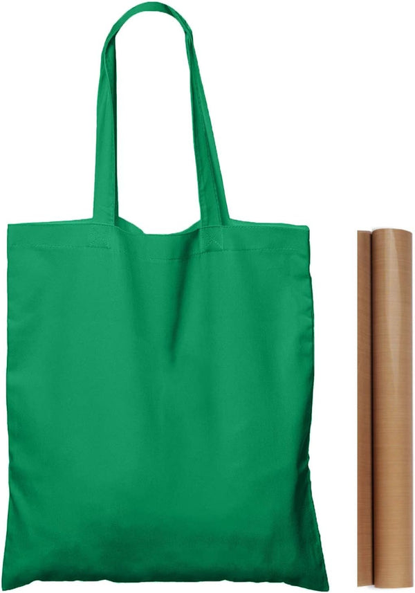 NPBAG 5 Pack Green Cotton Tote Bags 15'' x 16'' - Lightweight Blank Bulk Cloth Bags with 1pc PTFE Teflon Sheet