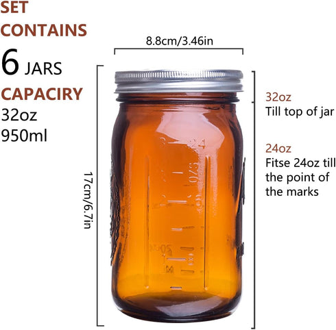 eleganttime 32 oz Amber Glass Mason Jars Wide Mouth with Airtight Lids and Bands, 6 Pack for Canning, Pickle, Fermenting