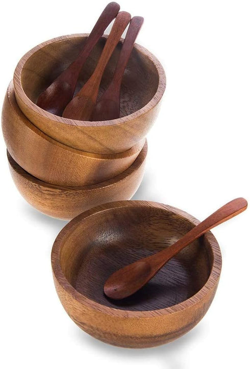 Set of 4 Small Round Acacia Wooden Bowls, 2¾ Inch with Spoons - Stackable Mixing Bowl Set