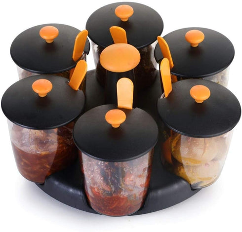 G & D Revolving Plastic Multi-Purpose Aachar Pickle Container, Masala Tray Dining Spice Stand Jar Box, Transparent
