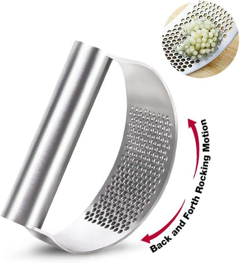 GuDoQi Garlic Press Rocker, Stainless Steel Mincer with Peeler and Scraper Brush, Ergonomic Kitchen Gadget