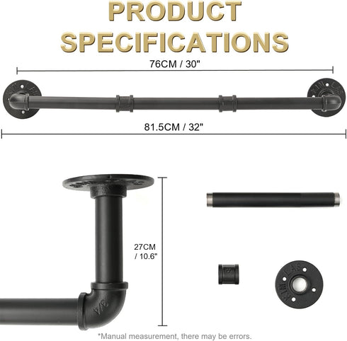 Industrial Pipe Clothing Rack, 30'' Wall Mounted Heavy Duty Metal Hanging Rod for Retail Display and Storage