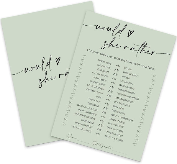 Whaline 50 Sheets Sage Green Bridal Shower Game Cards Greenery Double Sided