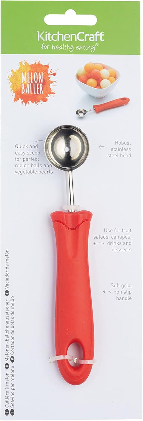 KitchenCraft Melon Baller Fruit Scoop, 17cm (6.7"), Soft Grip Easy to Clean Stainless Steel Head, Red