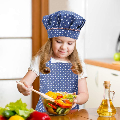Set, 2 Kids Apron and Chef Hat Adjustable Cotton Child Aprons with Pockets Cute Girls Boys Kitchen Bib Aprons