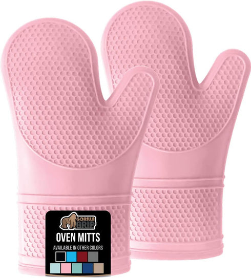 Gorilla Grip Heat and Slip Resistant Silicone Oven Mitts Set, Waterproof, Long Flexible Gloves for Cooking, Pink