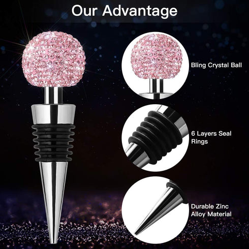 Soleebee Bling Decorative Wine Stoppers, Crystal Rhinestone Bottle Stoppers for Gifts, Bar, Holiday Party (Pink)