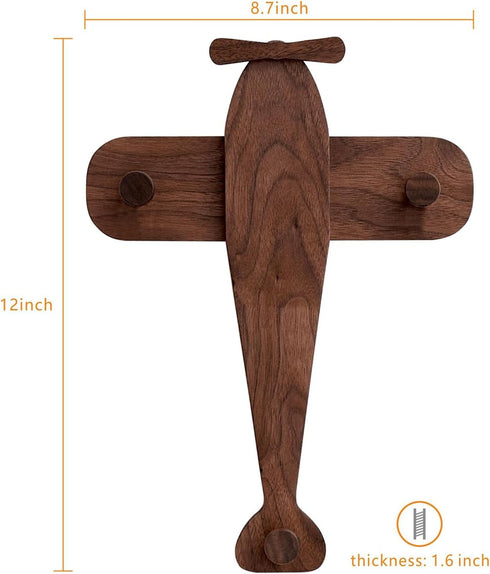 Vinoil Kids Coat Rack Wall Mount, Airplane-Shaped Wooden Wall Coat Hooks for Kids, Cute Walnut Coat Hanger Heavy Duty