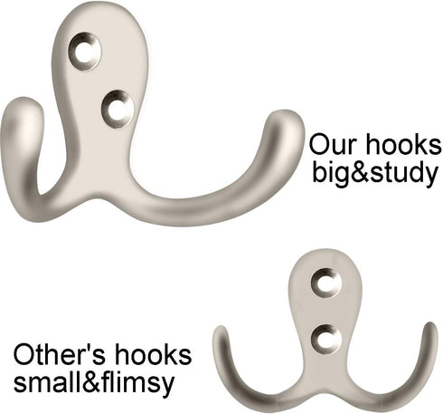 IBosins 10 Pack Heavy Duty Double Prong Coat Hooks, Wall Mounted with 20 Screws for Coat, Scarf, Bag, Towel, Key
