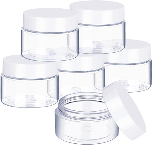 6 Pack 2 oz Plastic Pot Jars, Round Clear Leak Proof Cosmetic Container Jars with White Lids for Travel Storage