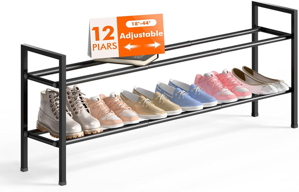Bumusty 2-Tier Long Expandable Shoe Rack for Closet, 18"-44" Adjustable Shoe Rack