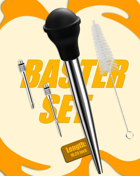 ARRITZ Long Turkey Baster, Stainless Steel Baster for Cooking with Cleaning Brush and 2 Syringe Needles