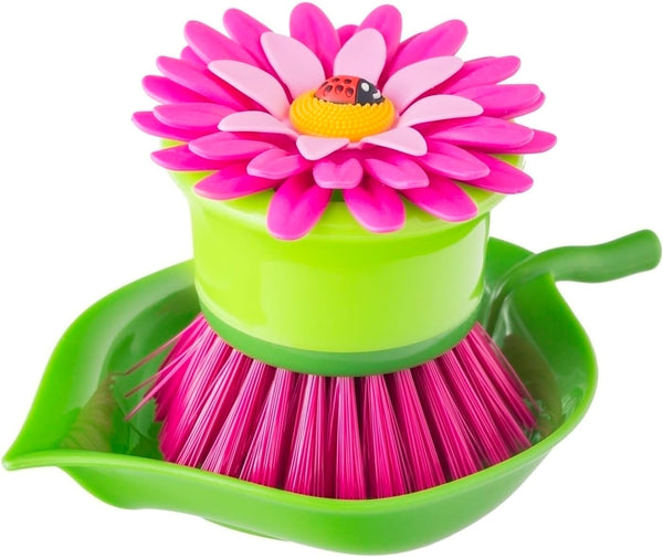 Vigar Flower Power Dish Brush with Holder - Pink Palm, 5-3/4" x 3-3/4"