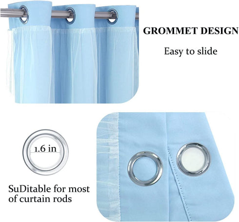 84 inch 2 Light Blue Blackout Curtains Length - Double Layers Blue Romantic Curtains with Sheer Overlay, Window