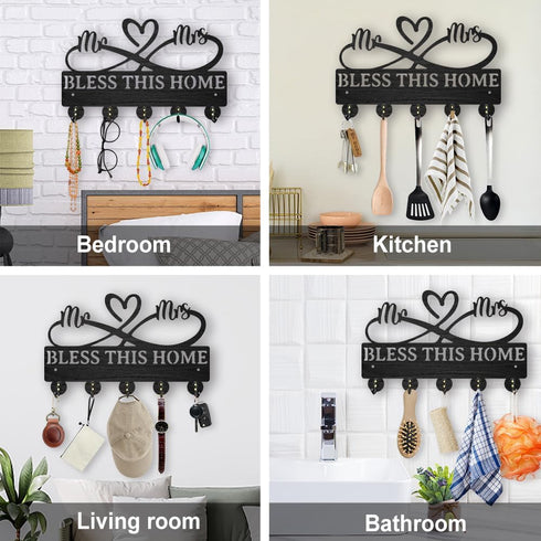 Mr Mrs Coat Rack Wall Mount, 11.8×7.3inch Wood Family Key Holder with 5 Alloy Hooks for Home Decor