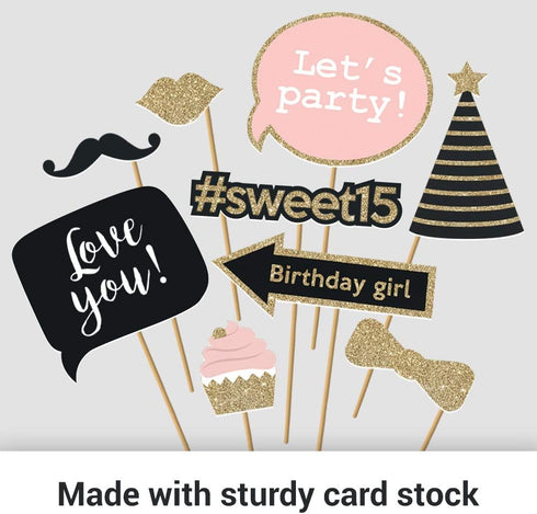 Fully Assembled Sweet 16 Birthday Photo Booth Props, Set of 30, Pink & Gold Selfie Signs, 16th Party Supplies