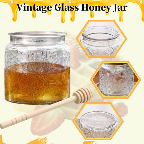 Honey Pot, Airtight Glass Honey Jar with Bamboo Lid and Dipper Stick, 17oz Square Sunflower Container for Home