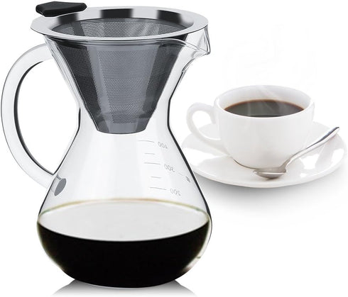 Glass Hand Drip Coffee Maker Pot, 400ML with Stainless Steel Permanent Filter and Scale