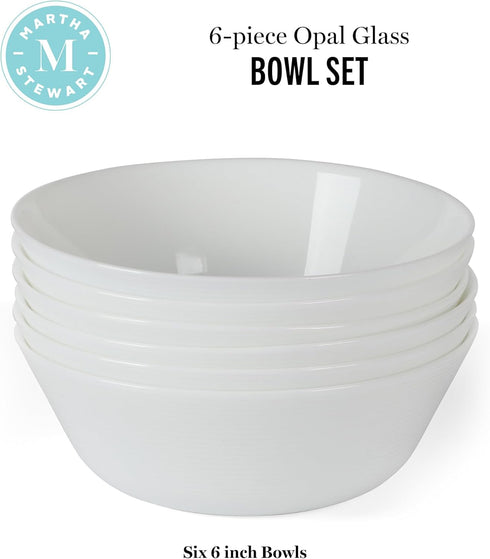 6-Piece 6-Inch Martha Stewart Opalton Soup and Cereal Bowls Lightweight, Chip and Break Resistant Opal Glass Bowls
