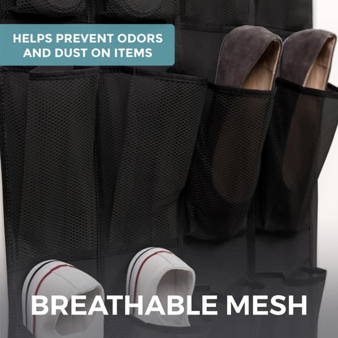 HOME GENIE Over the Door Hanging Shoe Organizer, 2 Pack - 24 Breathable Mesh Pockets, Black Closet Rack Storage