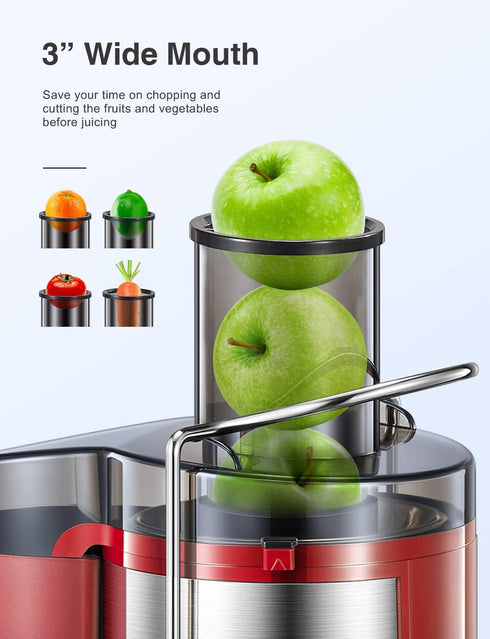 QCen Juicer Machine 500W Centrifugal Extractor, 3” Wide Mouth Feed Chute, Easy to Clean, Stainless Steel, Red