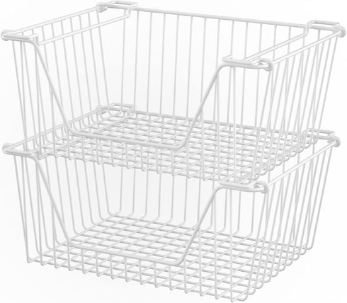 Slideep 14'' Large Stackable Storage Baskets - Sturdy Metal Wire Pantry Organizer, 2 Pack, White