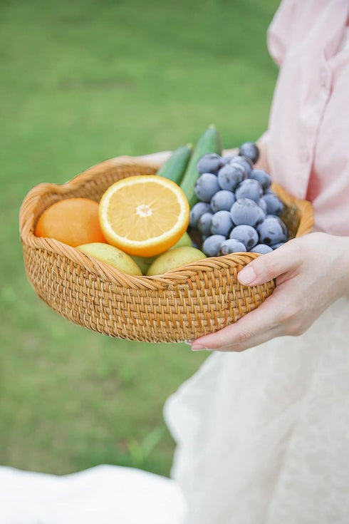 Handmade Rattan Bread Baskets, Round Wicker Fruit Serving Storage Bowls, Natural Decorative Kitchen Organizing