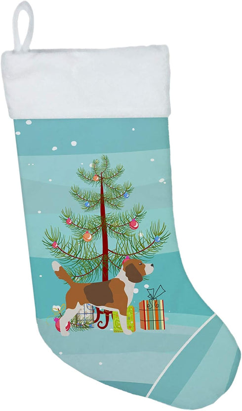 Caroline's Treasures BB2928CS Beagle Merry Christmas Tree Stocking - Fireplace Hanging Holiday Decor