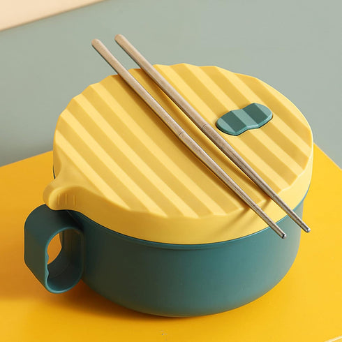 Microwave Ramen Bowl Cooker with Handles, Noodle Bowls with Lid and Chopsticks, Dishwasher Safe, Yellow & Green