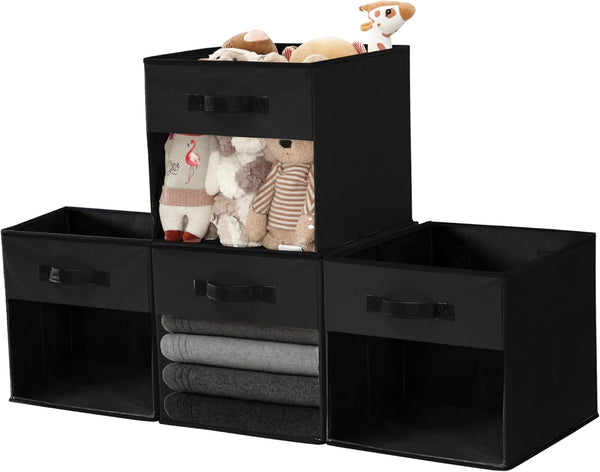 DECOMOMO Storage Baskets for Shelves - 13x15x13 Storage Cube Bins with Clear Window (Kallax / 4pcs, Black)