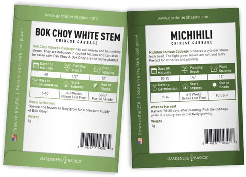 5 Packets Gardeners Basics, Cabbage Seeds for Planting Individual Bok Choy, Michihili (Napa) Chinese Cabbage, Red
