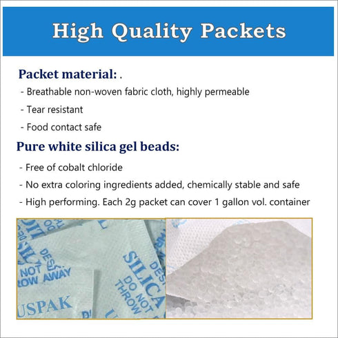 USPak Desiccant Packs, 2 Gram - 100 Packets Silica Gel Drying Agent for Storage
