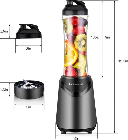 La Reveuse Smoothie Blender Personal Size 300 Watts with 2 Pieces 18 oz BPA-Free Travel Sports Bottles, Grey