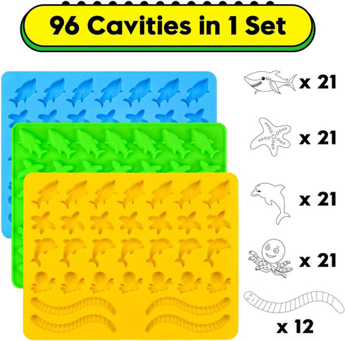 Gummy Molds Hard Candy Molds, Silicone Ocean Shapes Including Worms, Starfish, Dolphins, Pack of 3