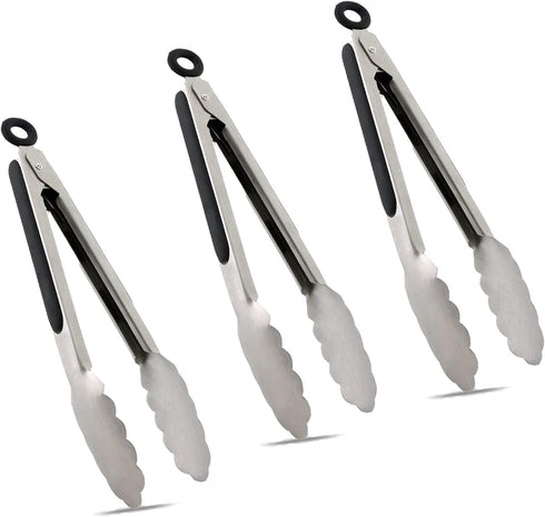 TENTA KITCHEN 9" Stainless Steel Kitchen Tongs, Non-Slip Grip Locking Metal Food Tongs (Set of 3)
