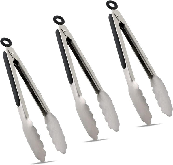 TENTA KITCHEN 9" Stainless Steel Kitchen Tongs, Non-Slip Grip Locking Metal Food Tongs (Set of 3)